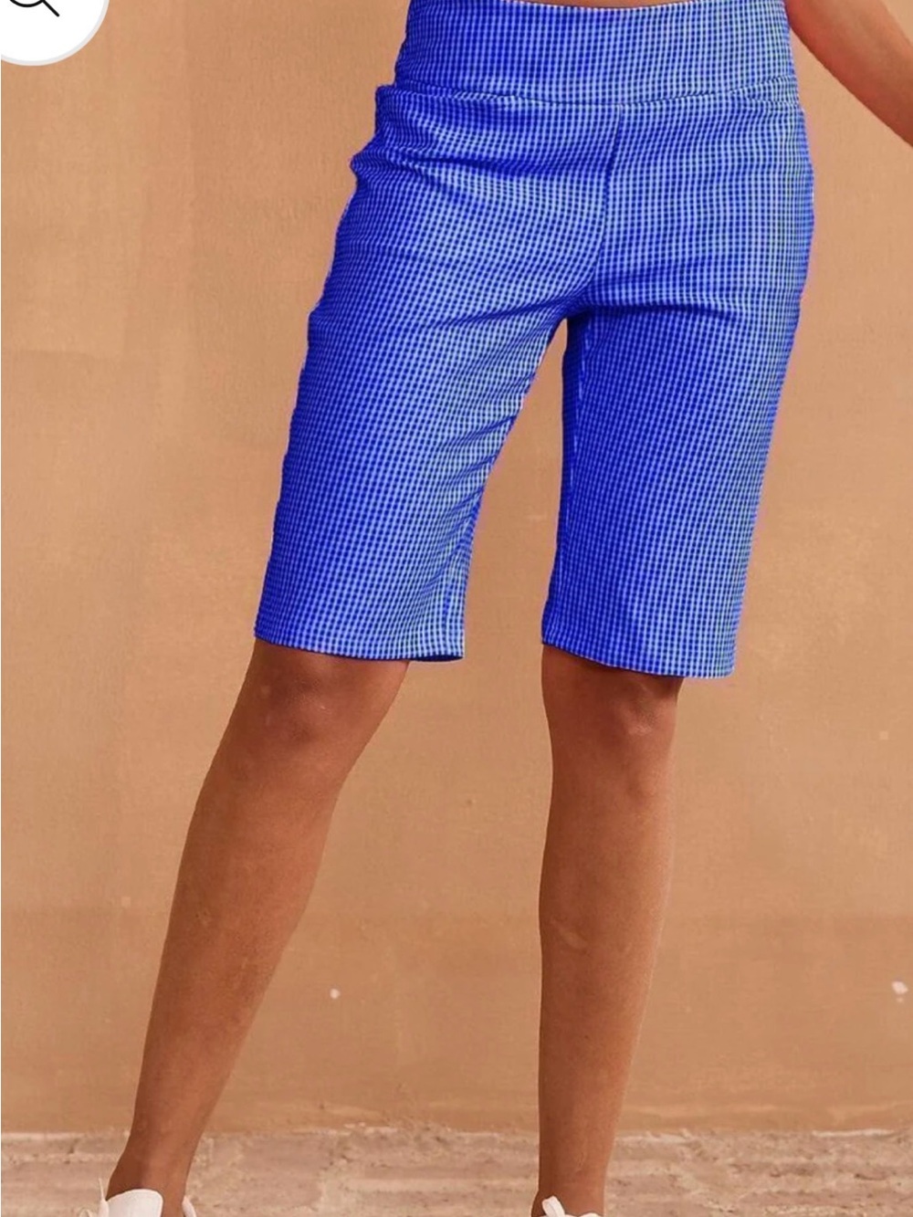 High-Rise Blue Gingham Athletic Bermuda Shorts large